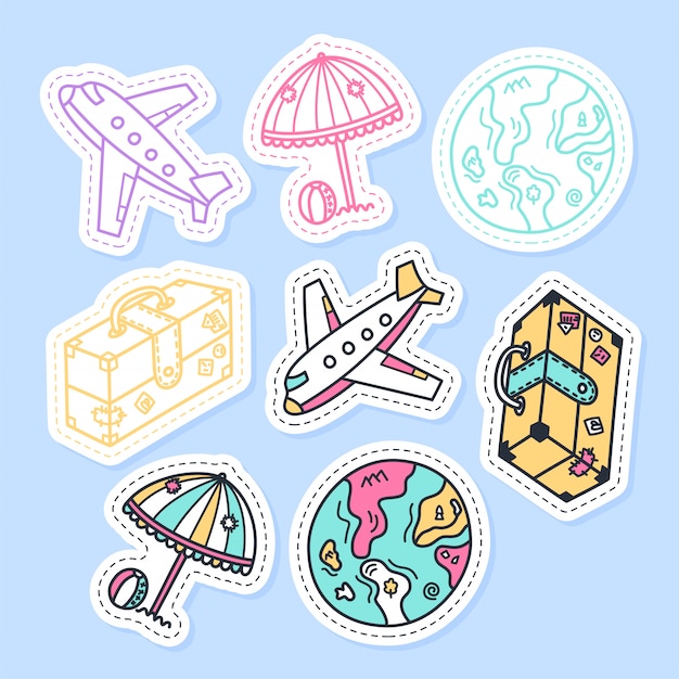 Set of travel stickers handwritten collection in cartoon style.