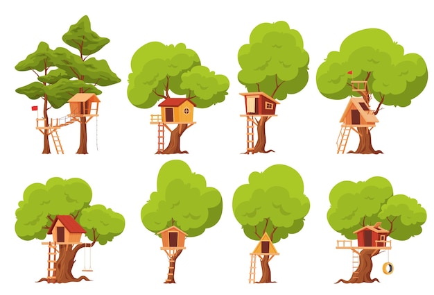 Set of tree houses the childrens house is built on a tree childrens games in nature vector illustration