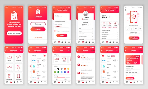 Set of UI, UX, GUI screens Shopping app flat