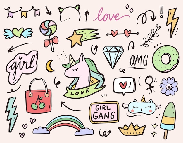 Vector set of unicorn sticker cartoon doodle drawing set collection