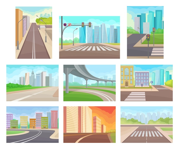 Vector set of urban landscapes with roads and highrise buildings empty city streets modern cityscapes with office and residential skyscrapers downtown areas cartoon vector illustrations in flat style