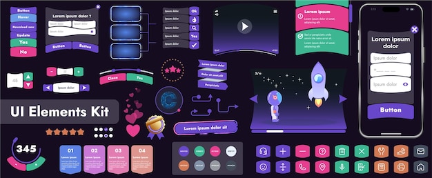 Vector a set of user interface elements ui kit intended for use in mobile applications and websites it contains a large collection of icons buttons and has cartoonish rounded shapes