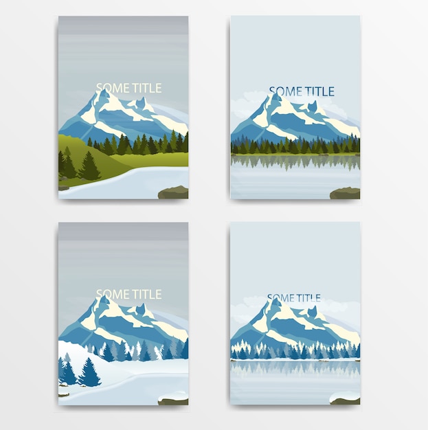 Vector set van illustraties met besneeuwde bergen en meren. vector