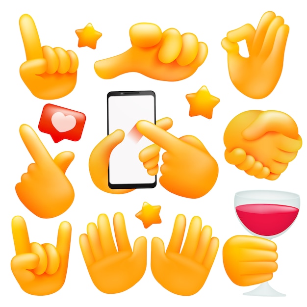 Vector set of various emoji yellow hand icons with wineglass, smartphone different gestures. 3d cartoon style