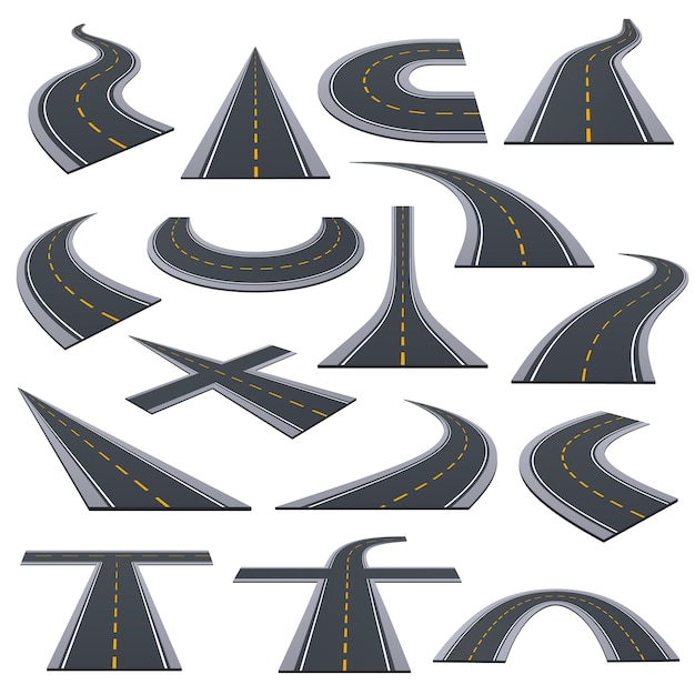 Set of various types of asphalted roads, track, highways, car roads with bends, ascents, turns.