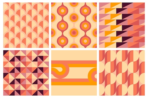 Vector set of vector geometric seamless patterns groovy vibes of 70s psychedelic pattern designs disco