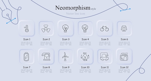 Set of vector icons representing solar energy Sun solar panels renewable energy sustainability clean power Neomorphism style Vector line icon