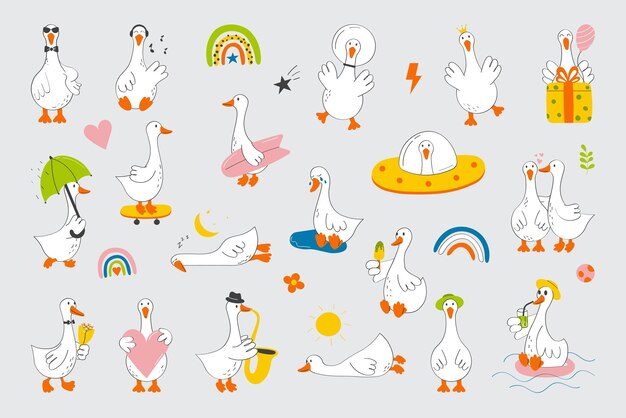 Vector set of vector illustration with cute and funny goose trendy illustration with birds