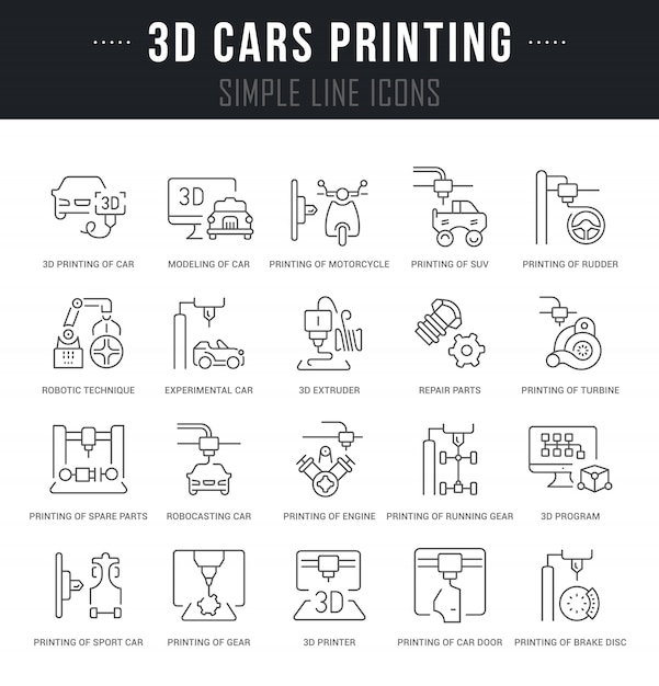 Set Vector Line Icons of 3D Cars Printing.