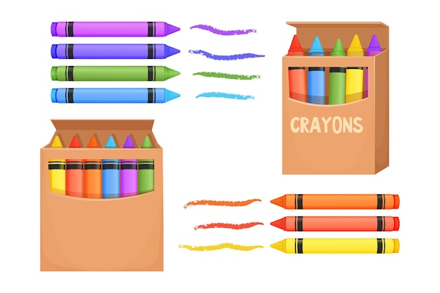 Set Wax crayons in carton box and with brush stroke in cartoon style