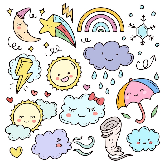 Set of weather cute kawaii doodles