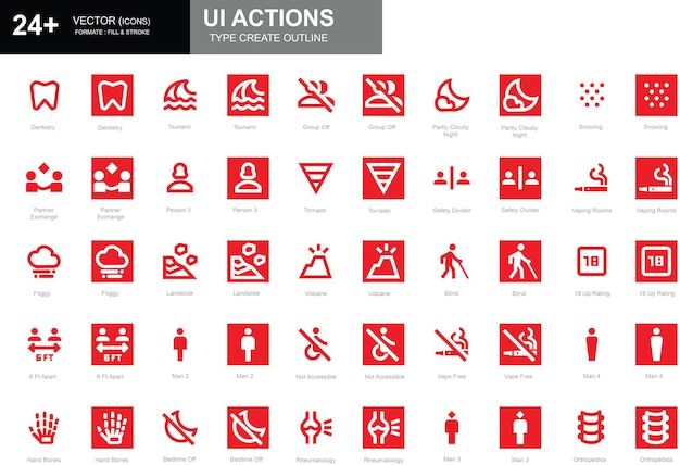 Vector set of white and red outline style social ui action icons including dentistry group off and more