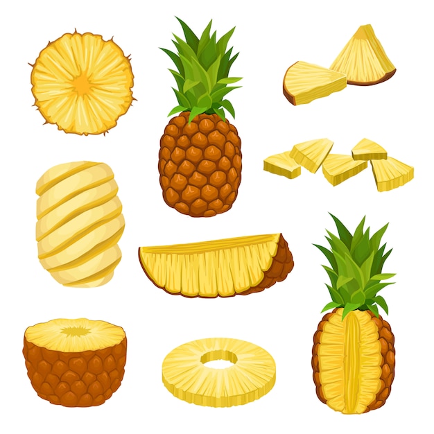 Set of whole, halves and chopped pineapples.