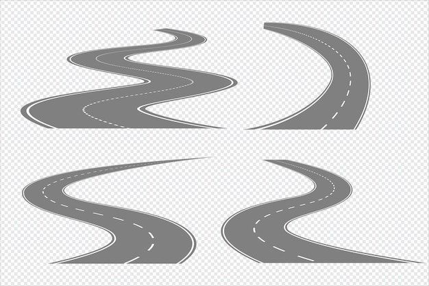 Vector set of winding road and highways with dividing markings isolated
