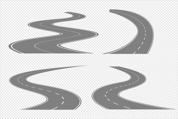 Set of winding road and highways with dividing markings Isolated