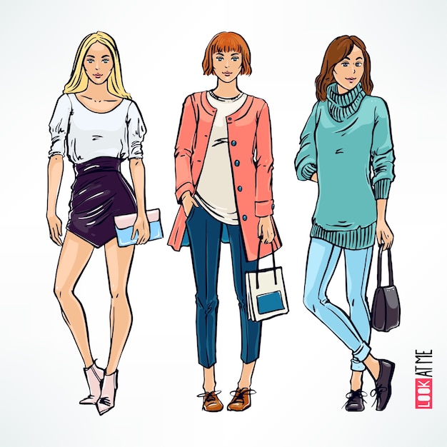 Vector set with three beautiful fashion modern girl