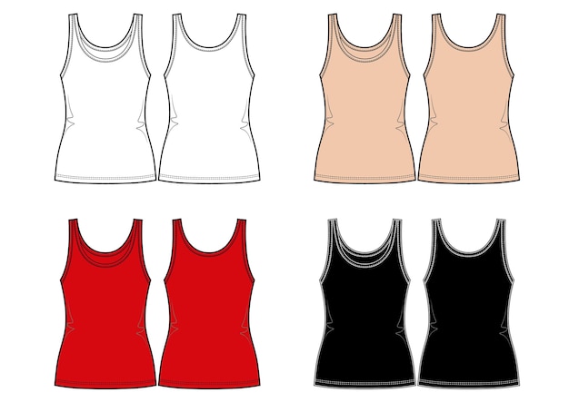 Vector set of womans tank top white beije red black colours