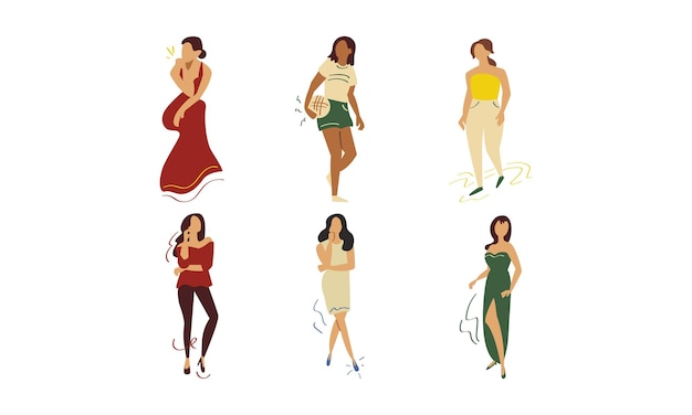 Vector set of women in different poses vector illustration in flat style
