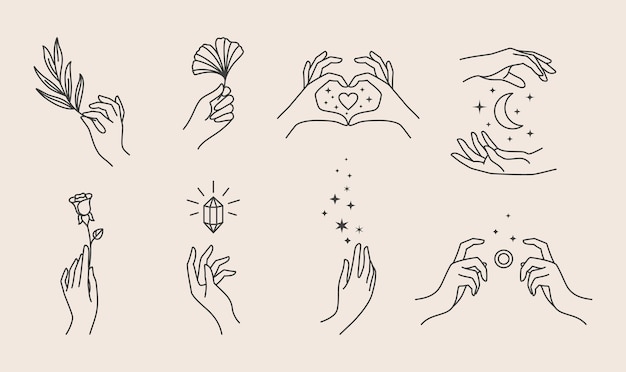 Vector a set of women's hand logos in a minimalistic linear style. vector design of sign templates or emblems in various gestures. for cosmetics, studio, tattoo, spa, manicure, beauty product packaging