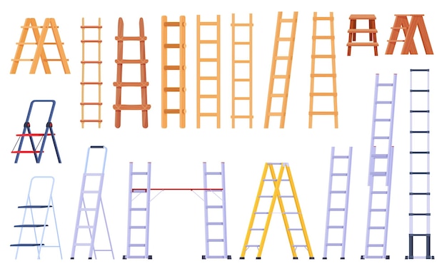 Vector set of wooden and metal ladders vector illustration on a white background