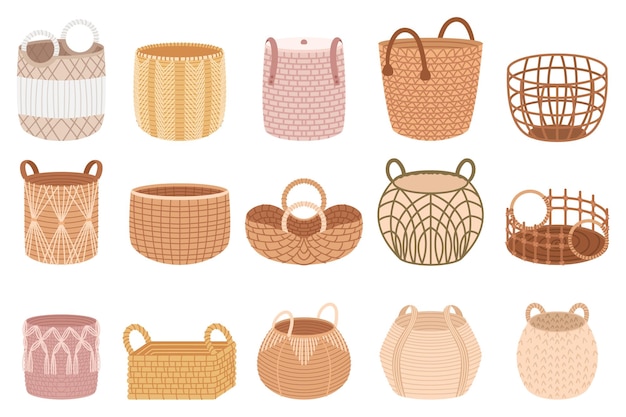 Set Of Woven Wicker Baskets Ranging In Size And Shape Decorative Elements Perfect For Organization Or Decoration