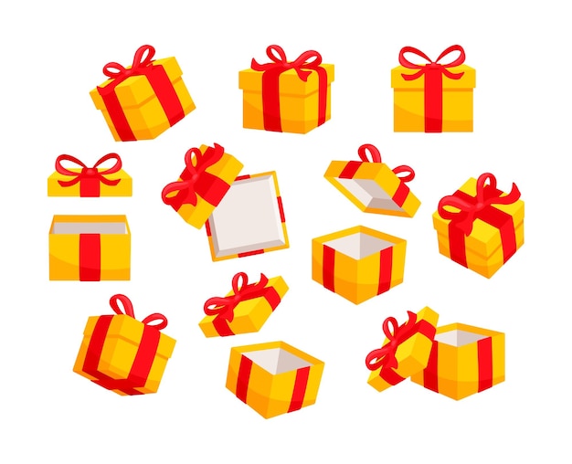 Vector set of yellow gift boxes decorated with red ribbons some of them closed some of them open isolated