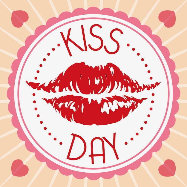 Vector sexy red lipstick mark in a label with hearts it around commemorating kiss day