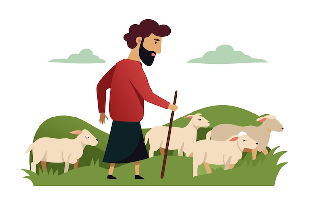 Vector shepherd walking with sheep symbolizing farming rural life and nature