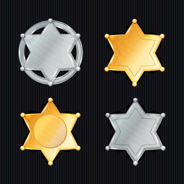 Sheriff Badge Star Vector Set. Different Types. Classic Symbol. Municipal City Law Enforcement Department. Isolated On Black