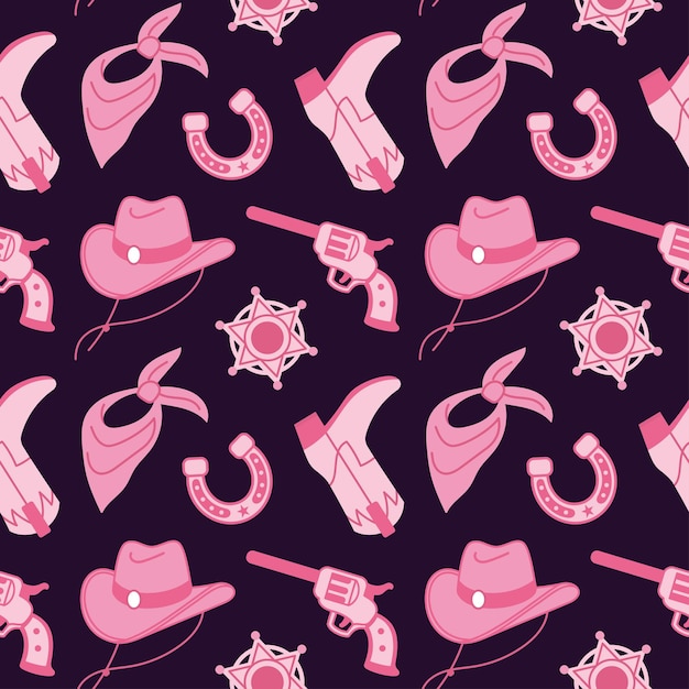 Vector sheriff pink core fashion elements seamless pattern cowboy western and wild west theme set vector illustration