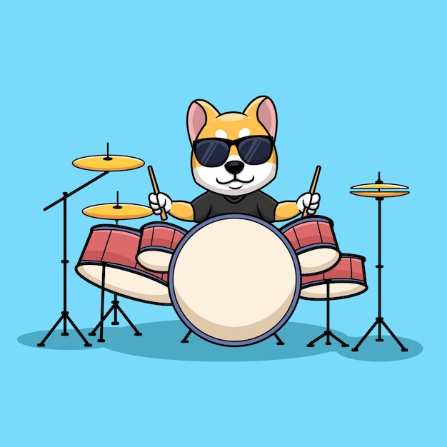 Shiba Inu Drummer Dog Music Cartoon Character Illustration Creative Logo