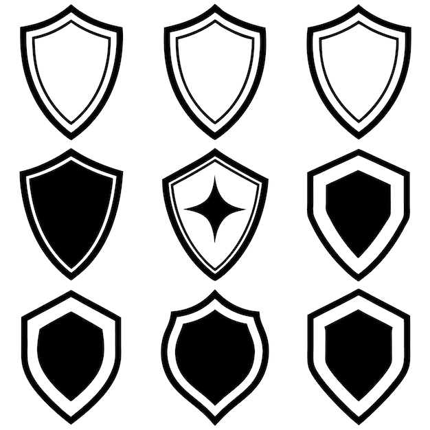 Vector shield icon set black and white silhouette