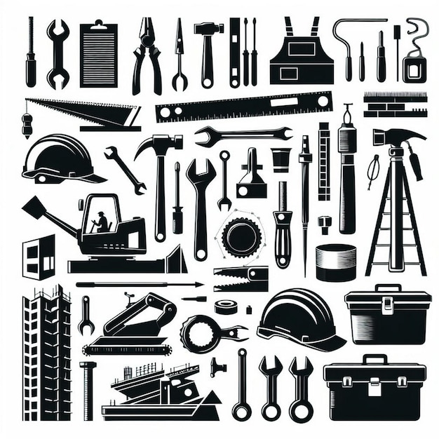 shiloutte Construction elements and tools set vector