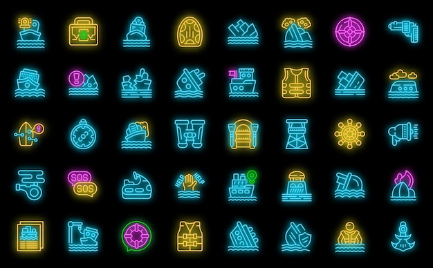 Shipwreck icons set vector neon