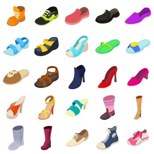 Shoes fashion types icons set. Isometric illustration of 25 shoes fashion types vector icons for web