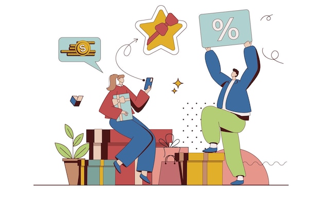 Shop loyalty program concept with character situation in flat design Man and woman regular customers receive bonuses gifts and discount cards from store Vector illustration with people scene for web
