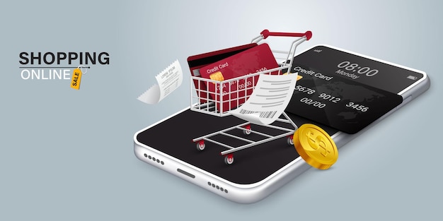 Shopping cart illustration on mobile phone with credit card on topOnline shopping concept