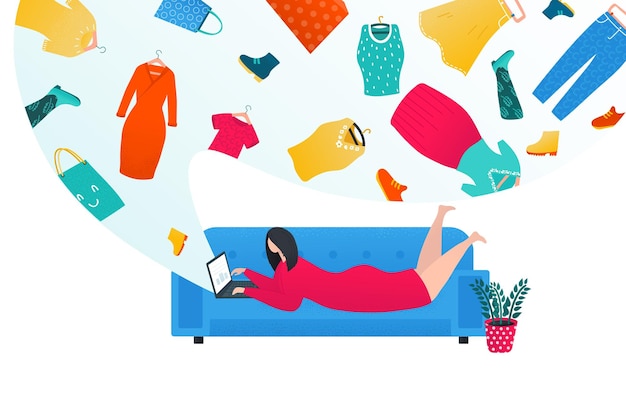 Shopping online in internet vector illustration Woman thinks about purchasing through internet lying on sofa with laptop