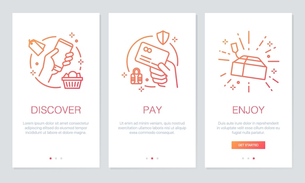 Shopping online onboarding app screens. 