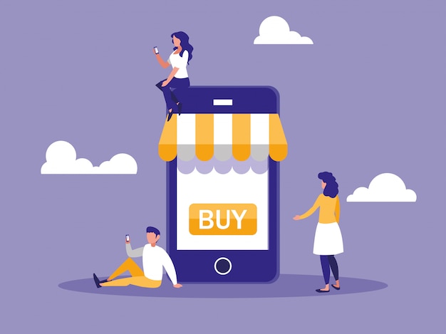 Shopping online with smartphone and mini people