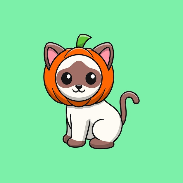 Siamese cat cartoon wearing halloween pumpkin helmet Flat cartoon style