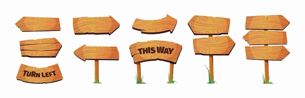 Signboards arrow Wooden empty boards pointers plank outdoor garish vector signpost templates collection