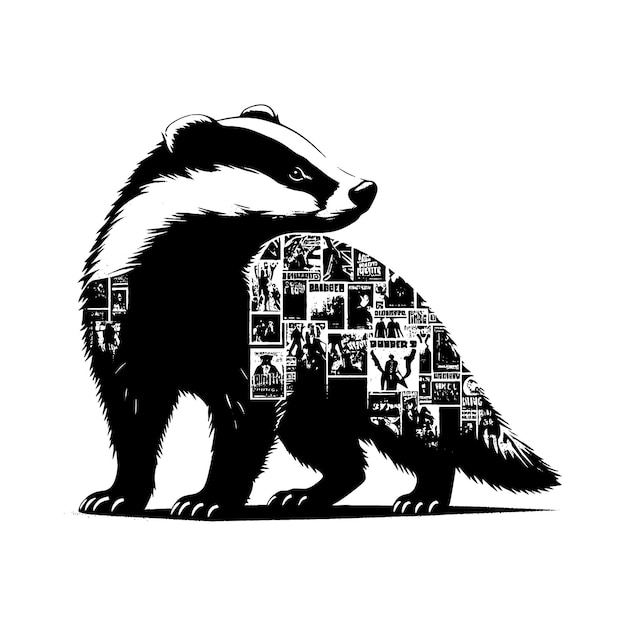 Vector silhouette of badger silhouette filled with vintage punks poster collage wall in rough drawing