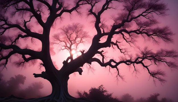 Vector a silhouette of a bare tree with twisting branches standing against a vibrant pink and purple sky possibly at sunrise or sunset