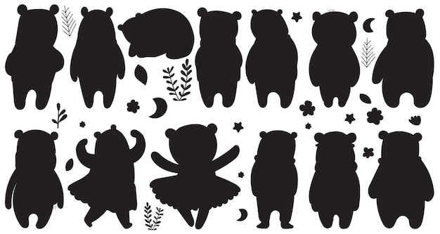 Vector silhouette bear character set on white background vector