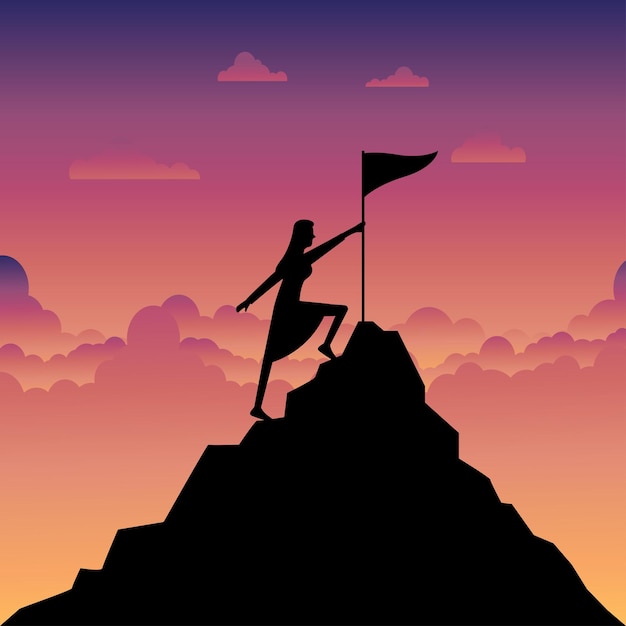 Silhouette of businesswoman holding a flag on top mountain sky and sunset background business success leadership achievement business people concept vector illustration flat