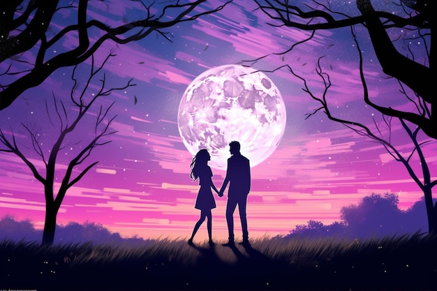 Vector silhouette couple holding hands moon