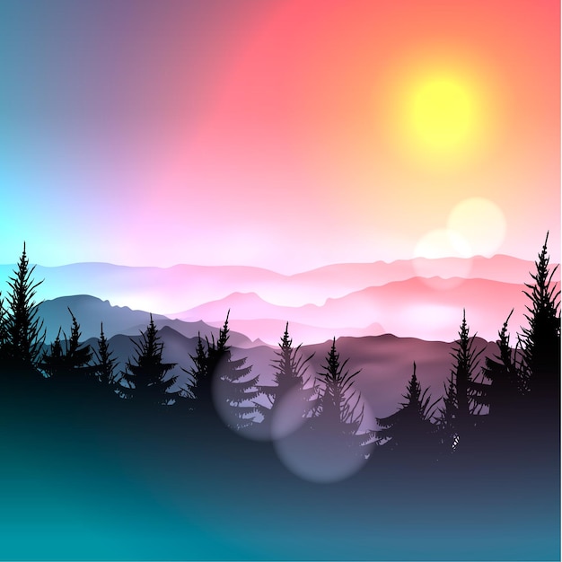 Silhouette of forest on sunrise bokeh colorful background and vector illustration