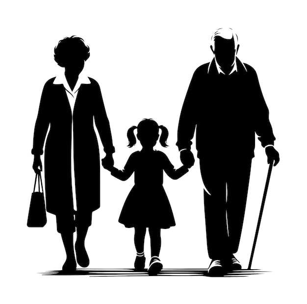 Silhouette of grandparents walking with granddaughter vector Illustration icon