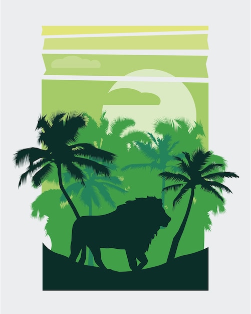 Silhouette of green lion and wild jungle trees EPS